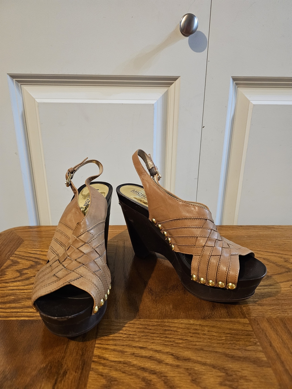 Michael Kors Tan Woven Leather Platform Wedge Sandals with Gold Studs